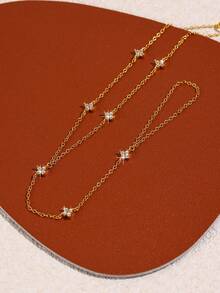 1pc 925 Sterling Silver Lucky Four Leaf Clover Rectangular Cubic Zirconia Linked Bracelet & Chain Ring, Fashionable & Personalized Accessory - Gold - View 3