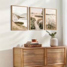 1件/3件套 现代乡村湖泊、日落、芦苇自然风景墙面艺术装饰画，当代艺术装饰海报，帆布画，适用于客厅、卧室、家庭办公室、浴室、餐厅 - 竖版，带框/不带框，带框墙面艺术品 - 彩色 - 查看 5