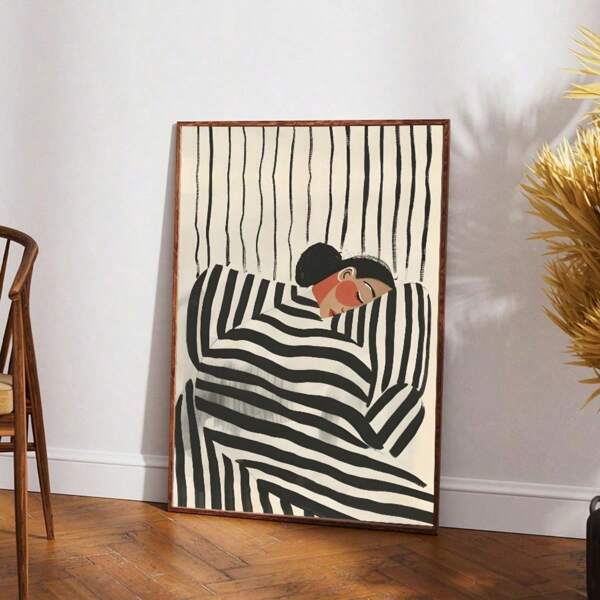 1 pezzo Quadro astratto di una donna a strisce, stampa su tela in bianco e nero, pittura di una donna danzante, poster da parete, pittura su tela, opera d'arte da parete, con cornice opzionale