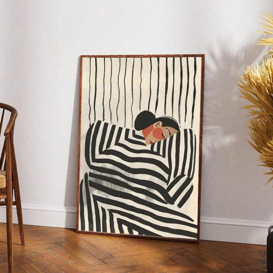 1 pezzo Quadro astratto di una donna a strisce, stampa su tela in bianco e nero, pittura di una donna danzante, poster da parete, pittura su tela, opera d'arte da parete, con cornice opzionale