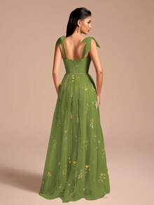 Váy dạ hội trang trọng bằng vải tuyn mỏng thêu hoa có dây đeo mảnh, váy dạ hội cocktail dài đến đầu gối - Màu xanh Ô liu - Xem 3