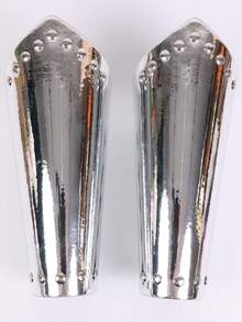 Set Of 2 New Adjustable Silvery/Golden PU Leather Wrist Guards With Retro Rivets, Perfect For Halloween, Nordic Viking Renaissance Cosplay Props, Punk Arm Guards, Cosplay Accessories For Costumes - A - View 4