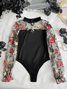 1pc Elegant Vintage Floral Embroidery Mesh Puff Sleeve Bodysuit For Women
