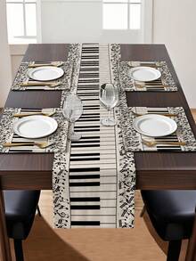1 pieza Tapete de mesa impreso con teclas de piano y patrón geométrico; Juego de 4/6/8 manteles individuales impresos con teclas de piano y patrón geométrico - Adecuado para fiestas, cumpleaños, cenas, decoración de cocina y comedor, versátil para todas las estaciones y decoración del hogar