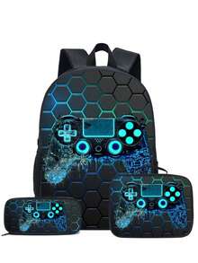 3件套游戏主题背包套装（黑色/荧光色/彩色），包含手提包、铅笔盒和收纳袋 - 耐用涤纶材质，轻便时尚，混色设计 - 彩色 - 查看 13