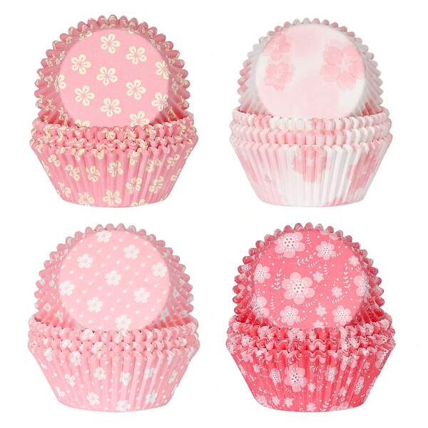 100/400 Moules à Cupcakes Standard en Papier, Motifs Floraux Roses en 4 Styles, Caissettes à Cupcakes Jetables pour Mariage et Fête, Fournitures de Cuisson