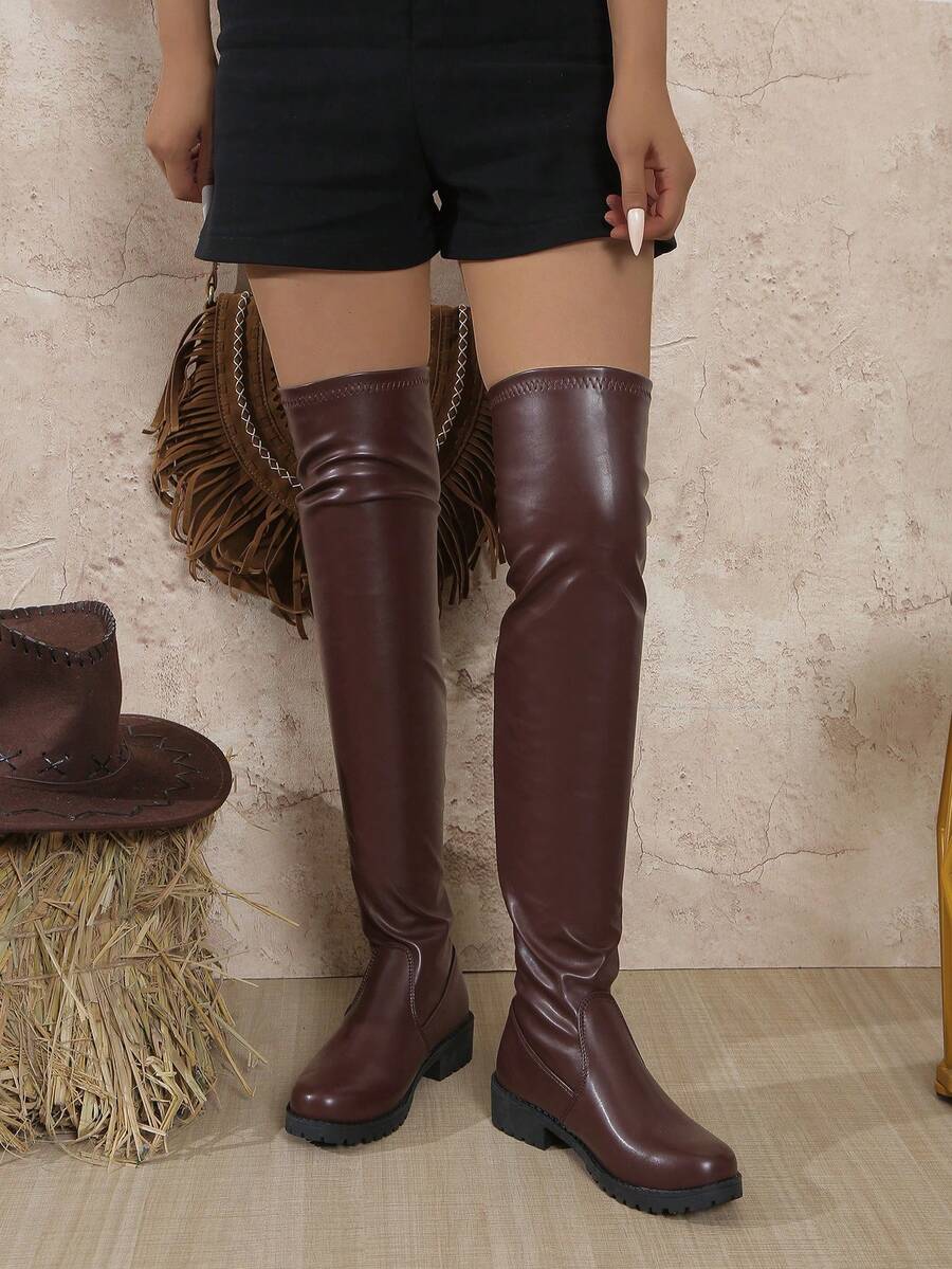 Plus Size Fashion Versatile Over-The-Knee Boots - Brown - View 1