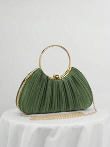 Satin Pleated Design Box Shape Evening Clutch Bag, Party Prom Formal Dress Handbag, Chain Strap Shoulder Bag For Wedding , Green - Green - View 4