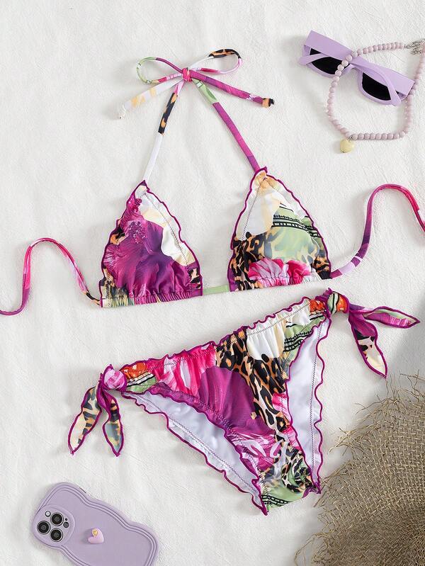 Miturn Damen süßer floraler Spitzen-Plissee-Bikini Zweiteiler, geeignet für Sommer-Insel-Urlaub und Schwimmen