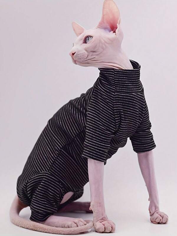 Breathable Elastic Thin Striped Spring/Autumn 4-Leg Cat Clothes, Suitable For Sphynx, Devon Rex And Cornish Rex Cats