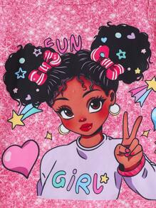 Set de 3 piezas para niñas jóvenes que incluye: Camiseta asimétrica con gráfico lindo de verano + Pantalones cortos efecto denim con cinturón