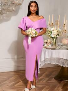 Vestido elegante y romántico de mujer de color púrpura claro con hombros asimétricos, mangas abullonadas, ajuste ceñido y longitud media, con una abertura sexy en el bajo. Adecuado para bodas, fiestas, vacaciones, despedidas de soltera, fiestas de boda, graduaciones y novia.