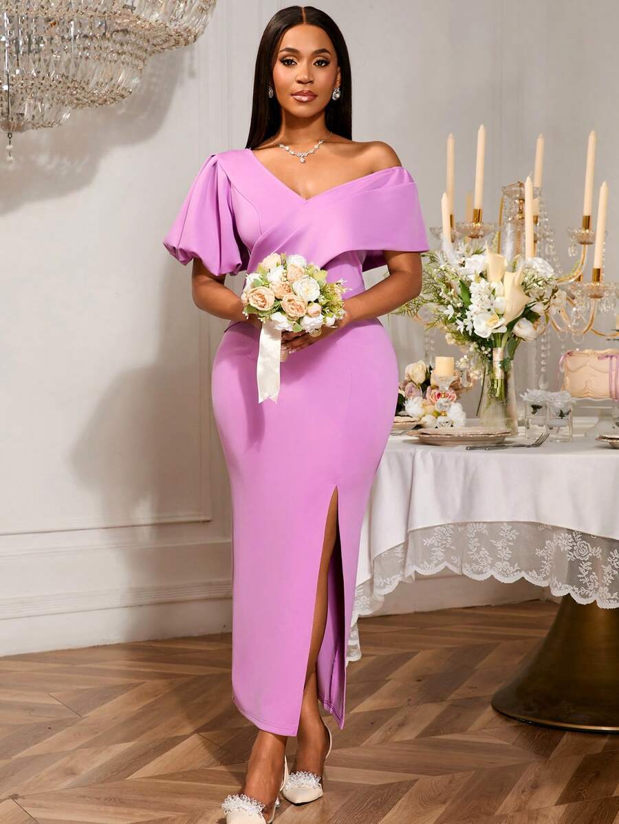 Vestido elegante y romántico de mujer de color púrpura claro con hombros asimétricos, mangas abullonadas, ajuste ceñido y longitud media, con una abertura sexy en el bajo. Adecuado para bodas, fiestas, vacaciones, despedidas de soltera, fiestas de boda, graduaciones y novia.