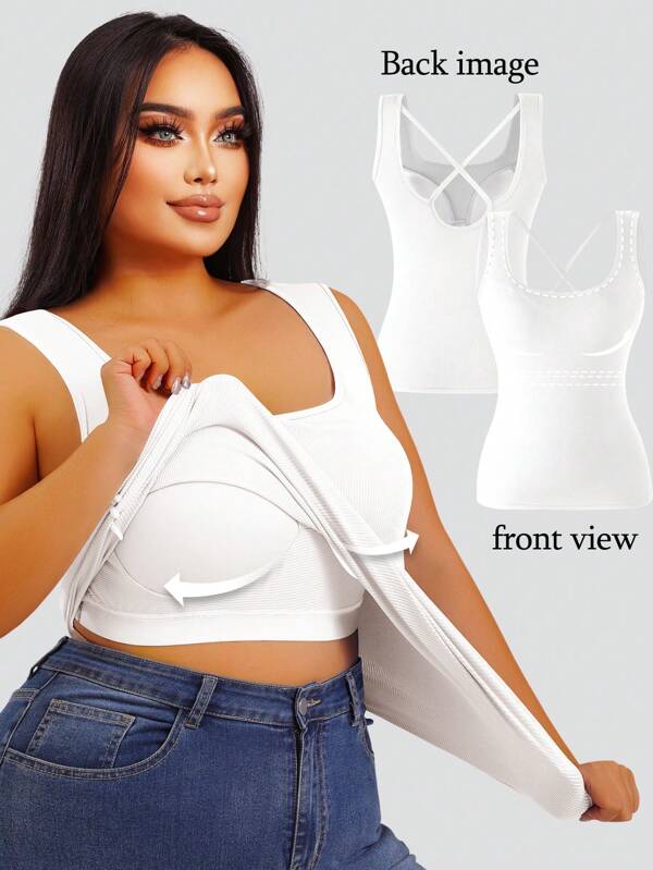 1pc Women's Sleeveless U-Neck Camisole With Built-In Cup, Casual Wear & Layering, White