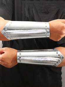 Set Of 2 New Adjustable Silvery/Golden PU Leather Wrist Guards With Retro Rivets, Perfect For Halloween, Nordic Viking Renaissance Cosplay Props, Punk Arm Guards, Cosplay Accessories For Costumes - A - View 8