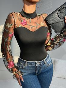 1pc Elegant Vintage Floral Embroidery Mesh Puff Sleeve Bodysuit For Women
