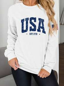 Womens 4th Of July Sweatshirts Long Sleeve Round Neck Letter Print Pullovers Oversized Tops - White - View 5