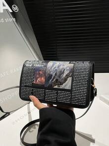Newspaper Letter Print Minimalist Fashion Shoulder Bag & Mini Square Handbag - Black - View 7