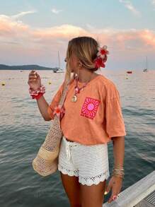 Women's Casual Minimalist Solid Color Crew Neck Short Sleeve T-Shirt, Summer Beach Vacation Outfits