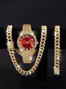 Luxury Alloy Men's Quartz Watch, With Rhinestone Rhinestone Crystal And Date, Paired With A Hip-Hop Cuban Necklace And Bracelet Set