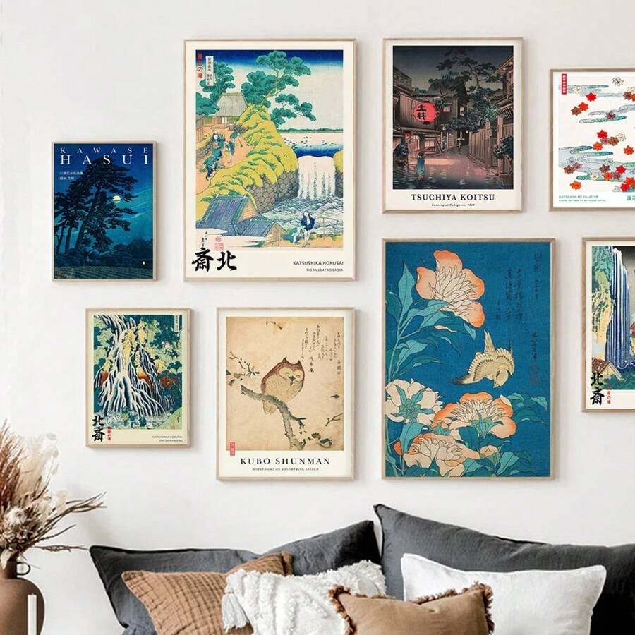 1PC Khung tùy chọn Thác nước Katsushika Hokusai Tranh khắc gỗ Nghệ thuật treo tường cổ điển Trang trí Tranh in Canvas hình cú mèo Nhật Bản Phòng Nhà Phong cảnh - Nhiều màu - Xem 1
