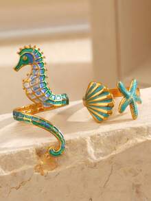2 Pcs Stainless Steel Starfish, Seahorse, Shell Adjustable Ring Set, Beach Style Suitable For Daily Wear - Multicolor - View 1