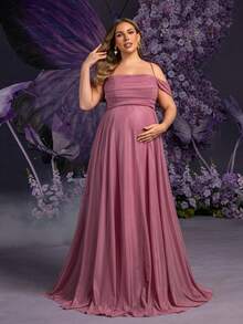 Faeriesty Vestido de maternidad de talla grande Dressalisa con tirantes ultradelgados y lazo en la espalda - Elegantes volantes en el busto y falda dramáticamente amplia para bodas de primavera/verano, fiestas formales, baby shower y eventos glamorosos (Estética floral romántica, silueta favorecedora, diseño de maternidad cómodo) - Rosa vieja - Ver 4