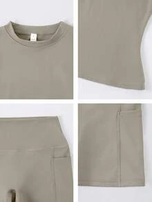 NcmRyu 女士休闲修身弹力无缝短袖上衣和高腰收腹短裤运动套装