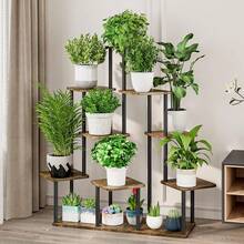 Plant Stand 5 Tier Indoor Metal Flower Shelf For Multiple Plants Corner Tall Flower Holders For Patio Garden Living Room Balcony Bedroom, Black (5 Tier-Black) - 9層-黑色+鄉村棕色 - 查看 2
