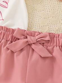 2 pièces/Set Ensemble de tenues d'été pour jeune fille 2025 - T-shirt imprimé nœud et shorts avec ceinture, vêtements légers pour tout-petits convenant aux anniversaires, rassemblements familiaux, été et automne (Âge 2-3, 4-5, 6-7 ans)