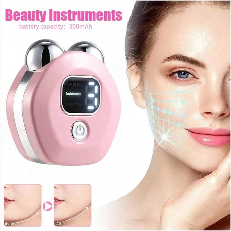 Electric Face Massager Lift Roller Microcurrent Thermal Compression Pulse V Face Lifting Firming Tendering Skin Beauty Devices 300mAh - Pink - View 1