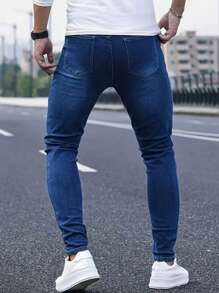 1pc Men Skinny Distressed Denim Jeans, Elastic Breathable Casual Cargo Pants With Pockets, Solid Color Suitable For Urban Walking, Family Outdoor Activities, All Season