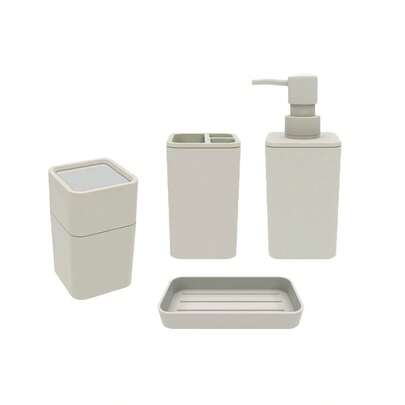Jogo Banheiro Porta Sabonete Escova Saboneteira Bege Gelo 4un