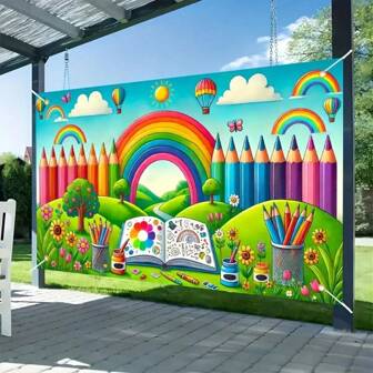 1 pieza Pancarta de fondo 2D, Mundo de fantasía colorido y vibrante hecho de poliéster - Diseño escolar del mundo con lápices de colores y libros, apto para fotografía interior/exterior, ceremonia de graduación y eventos temáticos, sin electricidad requerida, decoración de eventos | Diseño de fantasía | Impresión colorida