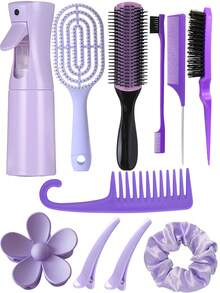 11 件/套多功能美发工具套装，包括头皮按摩梳、200 毫升高压喷雾瓶、顺发梳、发圈，适合所有发质和女性，是送给女朋友/家人的绝佳礼物，美发套装、美发工具套装、美发套装、发饰、美发工具 - 彩色 - 查看 4