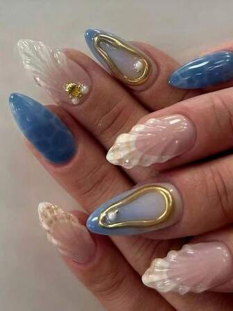 24 st/set franska mandelformade lösnaglar i havsstil, eleganta 3D-snäcksfärgade vattendroppar, gyllene linje, söta trycktyp, heltäckande lösnaglar med 1 st gelégel och 1 st nagelfil, ger en romantisk touch för att få dig att se söt ut, lämpliga för dagliga dejter. Nageltillbehör. Naglar