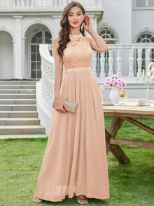 MIUSOL Backless Lace Ruffle Chiffon Formal Party Maxi Dress - Champagne - View 5