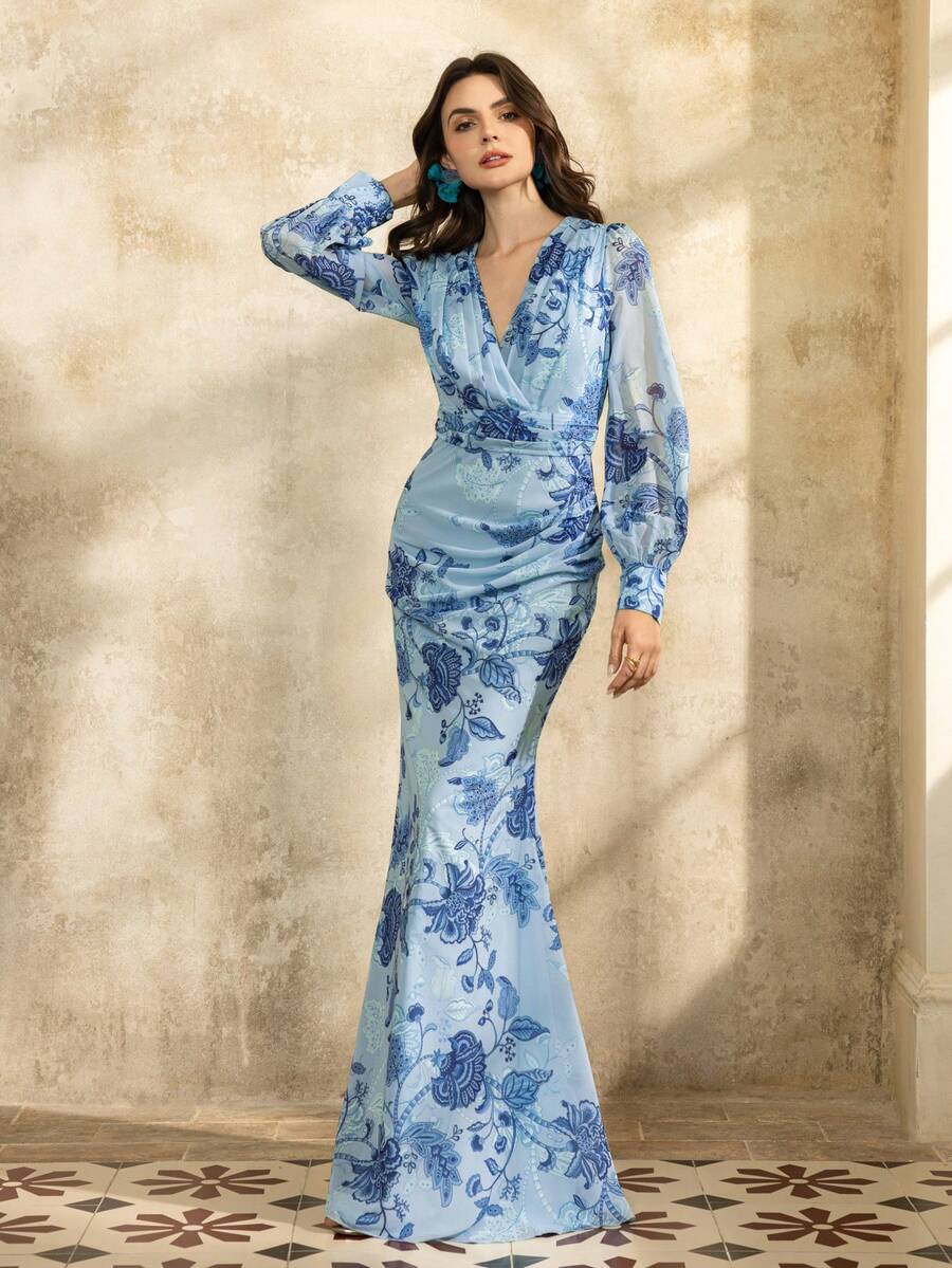 优雅的花卉印花及地晚礼服，美人鱼轮廓，精致的花卉图案，适合红毯活动、豪华婚礼、伴娘礼服、正式晚会 - 藍色 - 查看 1