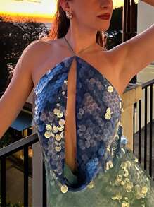 Women Halter Neck Dress Casual Contrast Colors Sequins Cowl Neck Backless Mini Party Dress For Beach Club Streetwear