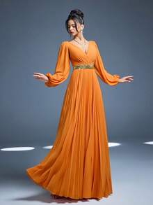 Mgiacy,New Arrival,Cross-Over Collar,Shining,Bridesmaid Dress,Solar Pleat,Hollow Out Lantern Sleeve,Chiffon,A-Line Dress - Burnt Orange - View 4