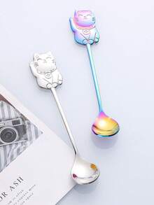 1pc Stainless Steel Lucky Cat Coffee Spoon, Dessert Spoon, Stirring Spoon - Multicolor - View 4