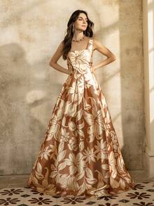 Faeriesty Printing Vintage Square Neck Sleeveless Floral Print Dress With Back Tie Closure - Flowy Feminine Design For Spring Summer, Garden Parties, Weddings & Evening Events,Vacation Essentials - Khaki - View 5