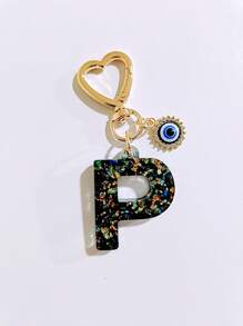 1pc Laser Black Shiny Resin A-Z Initial Keychain, With Devil Eye And Heart Keyring Bag Charm Pendant, Party Favor, Suitable For Holiday Gifts To Friends
