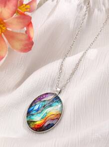1 pièce Collier pendentif ellipse ciel étoilé coloré, accessoires de mode pour femmes, porter au quotidien et cadeau, été