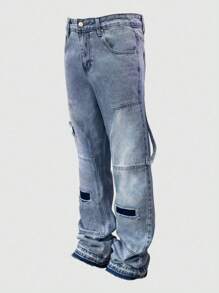 Loose Denim Cargo Pants With Ripped Patchwork Design, Fashionable Washed Cotton Jeans