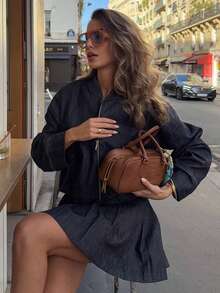 女士牛仔拉链长袖外套，百搭休闲春季款 - 深色水洗藍 - 查看 4