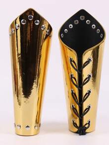 Set Of 2 New Adjustable Silvery/Golden PU Leather Wrist Guards With Retro Rivets, Perfect For Halloween, Nordic Viking Renaissance Cosplay Props, Punk Arm Guards, Cosplay Accessories For Costumes - A - View 5
