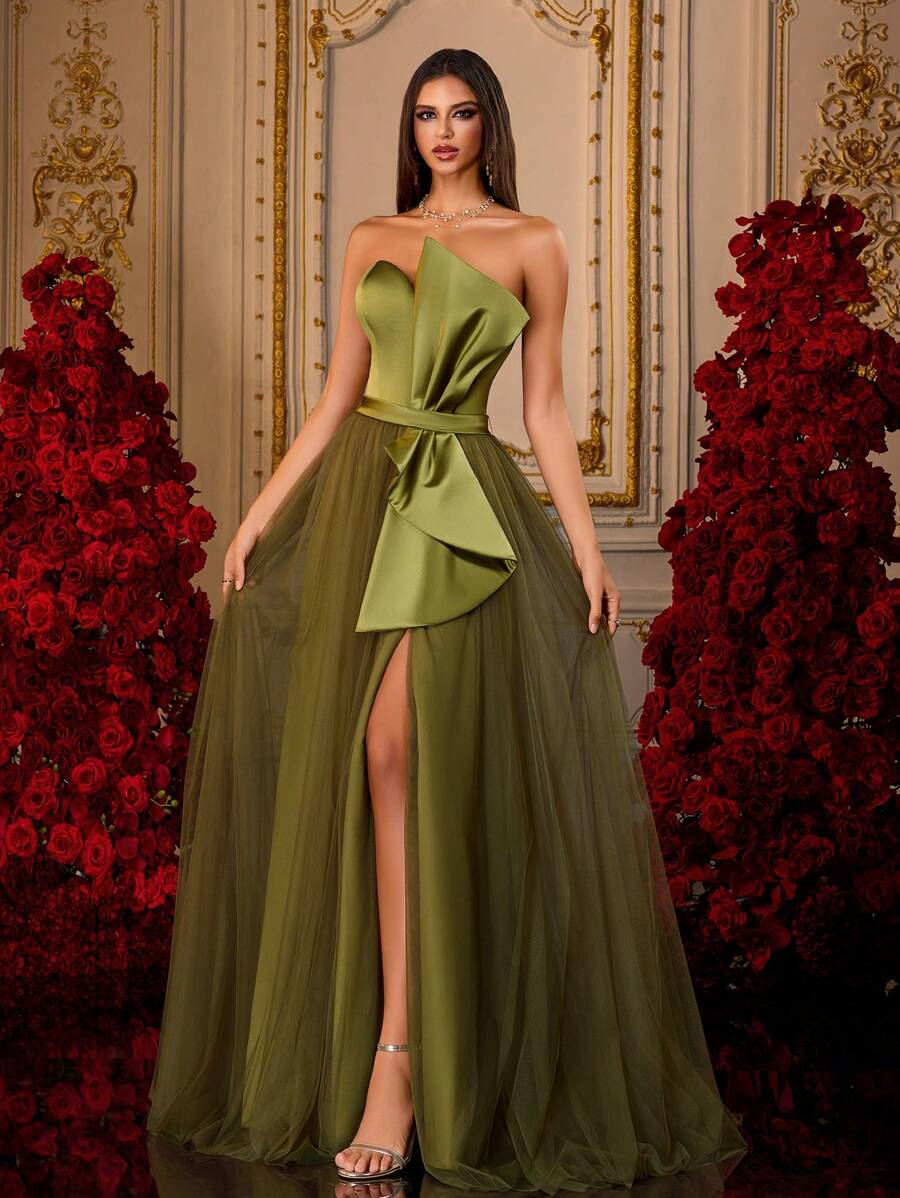 Heavy Embellished Olive Green Strapless Tulle Formal Gown With Side Bow And High Slit, Luxury Bridesmaid Dress, Elegant Evening Dress, Prom Dresses For Women, Party Dress, For Wedding Guest