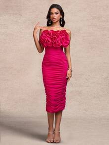 Elisanya Fuchsia Strapless Ruched Bodycon Midi Dress - Hot Pink - View 1