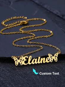 Customized Double Butterfly Name Necklace, Stainless Steel Personalized Name Pendant Necklace Accessory, Birthday Gift For Her